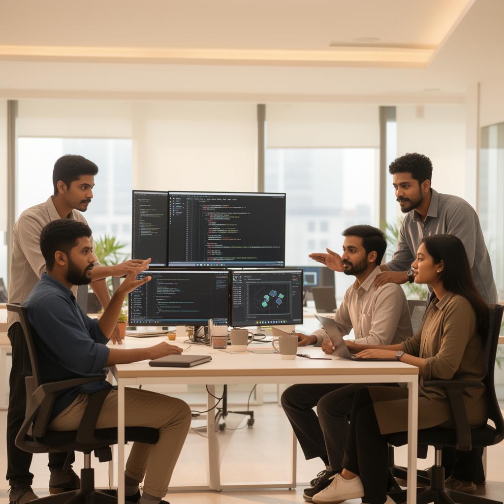 DevFlake team collaborating with AI tools in the studio